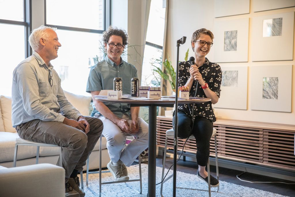 A panel of authors (left to right), Tim Weed, Ethan Gilsdorf, and Molly Booth, engage with one another and their audience during the 2019 Lit Crawl Boston.