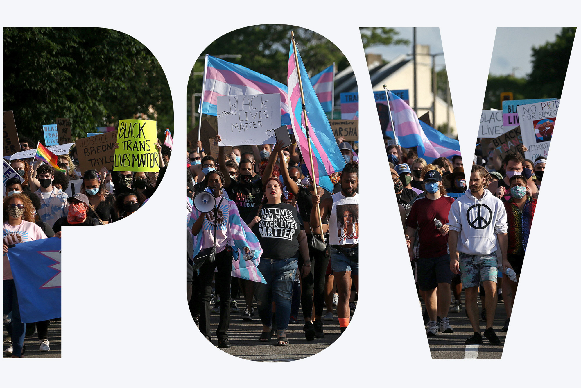 A photo of the Transgender Resistance Vigil + March on June 13, 2020. A white overlay reads "POV."