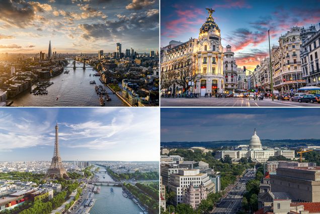 A composite of four images of London, Barcelona, Paris, and Washington DC