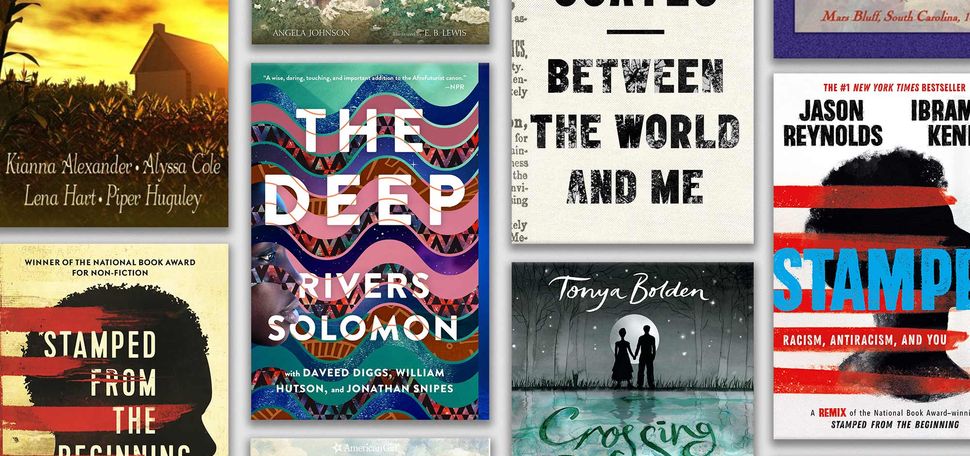 Composite image of book covers included in the juneteenth listicle, including “The Brightest Day,” “Stamped from the Beginning,“”The Deep,” “Addy: An American Girl,” “Between the World and Me,” “Crossing Ebenezer Creek,” and “Stamped: Racism, Antiracism, and You”