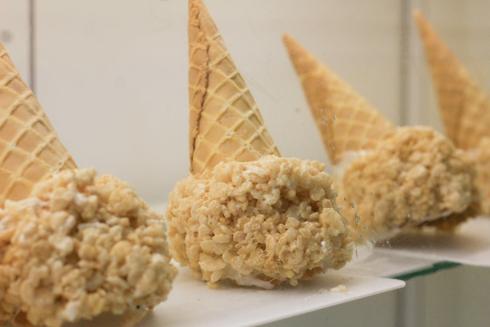 Rice Krispie Treat ice cream cones on display at Emack and Bolio's ice cream shop.