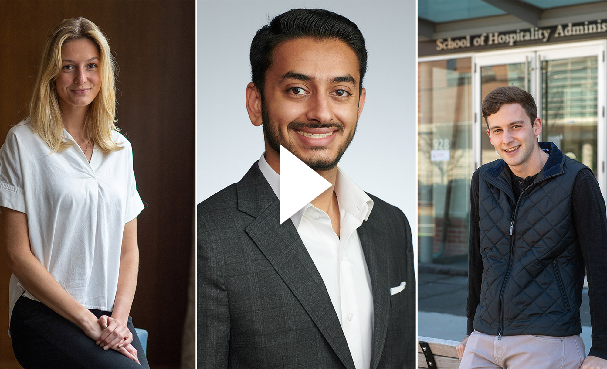 A composite image of Mackenzie Miers, Marut Raval, and Solomon Frey. A white video play button is overlayed.