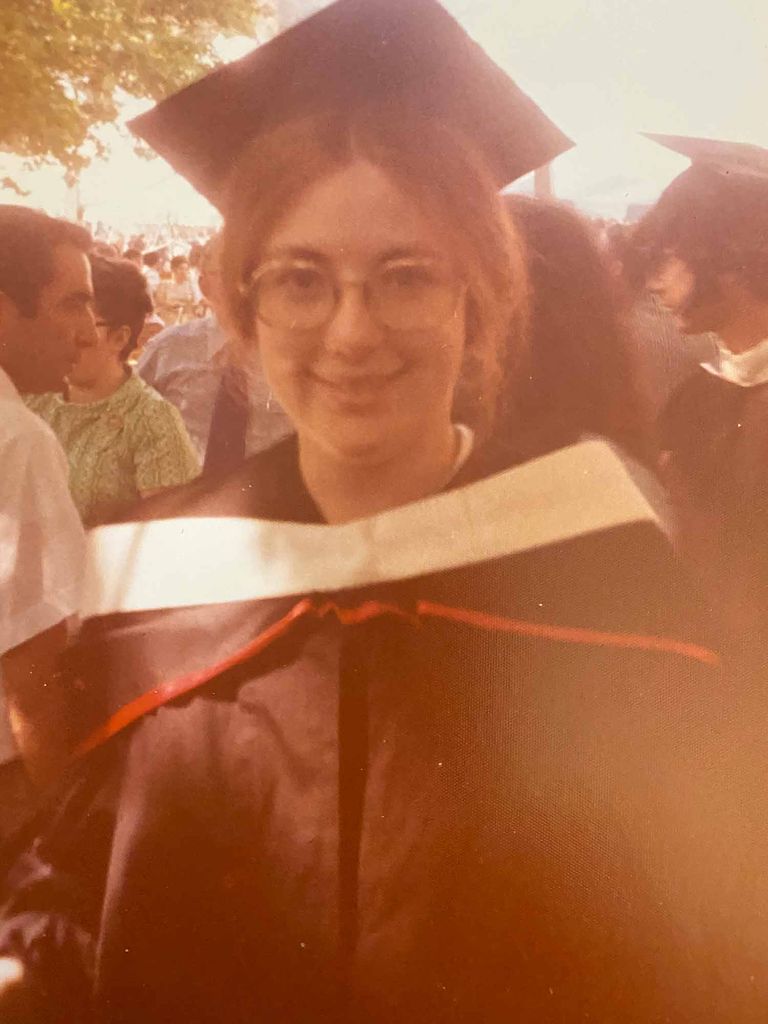 Photo of Virginia Sapiro in her graduation cap and gown on the day of her commencement in 1972.