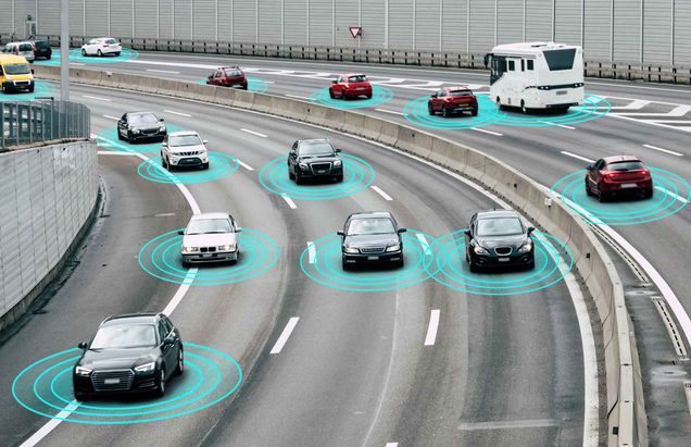 Illustration showing many cars driving both directions on an interstate highway surrounded by blue digital circles symbolizing self-driving cars sensing cars surrounding them.