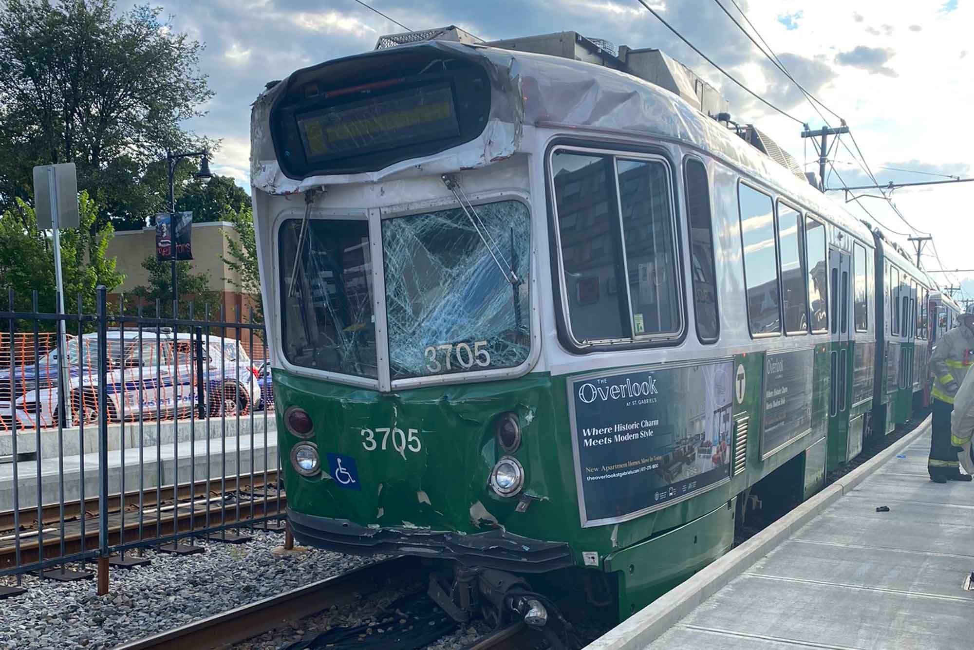 One of two MBTA Green B Line Cars damaged in a collision.