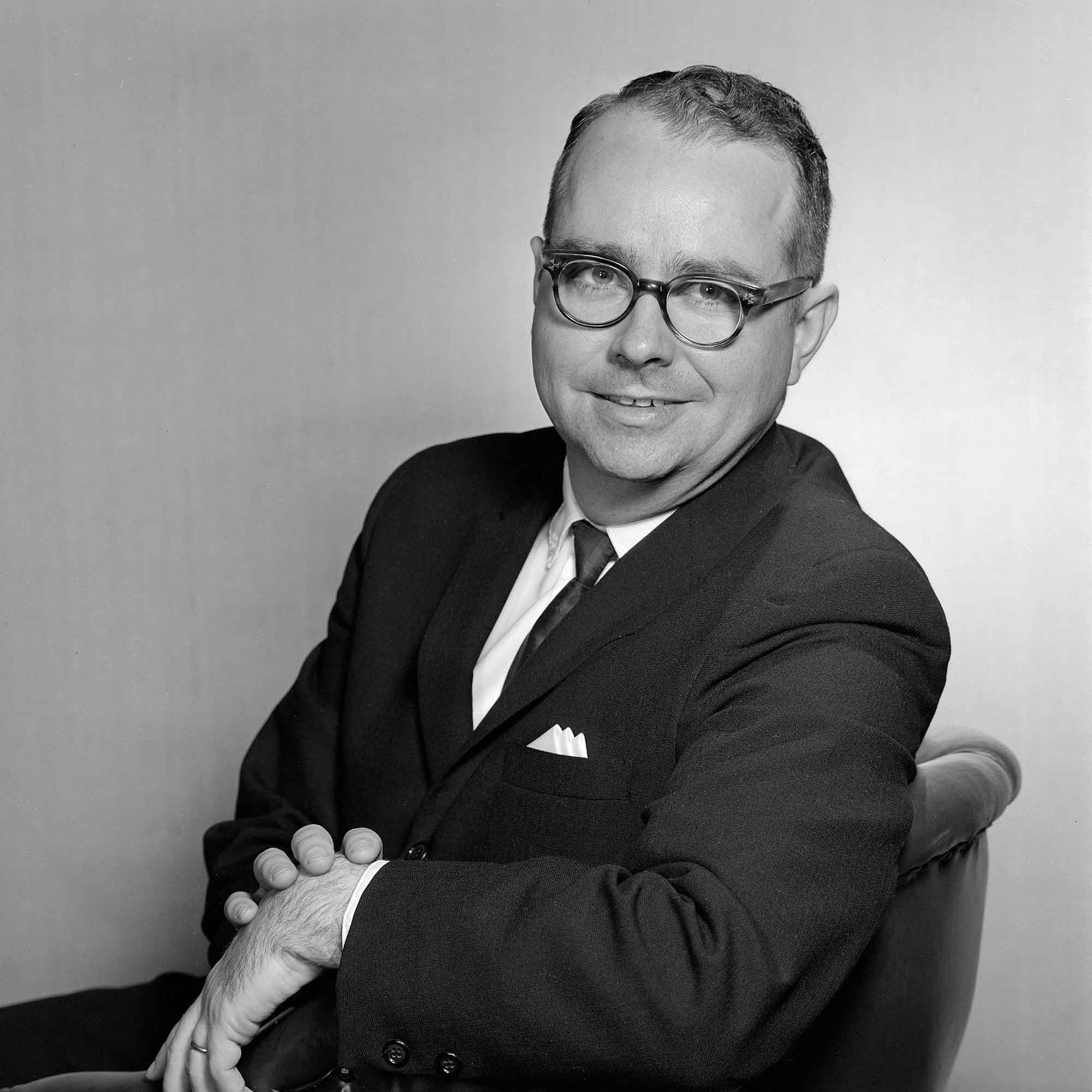 Black and white portrait of Gaylen Kelley at Boston University in 1963.