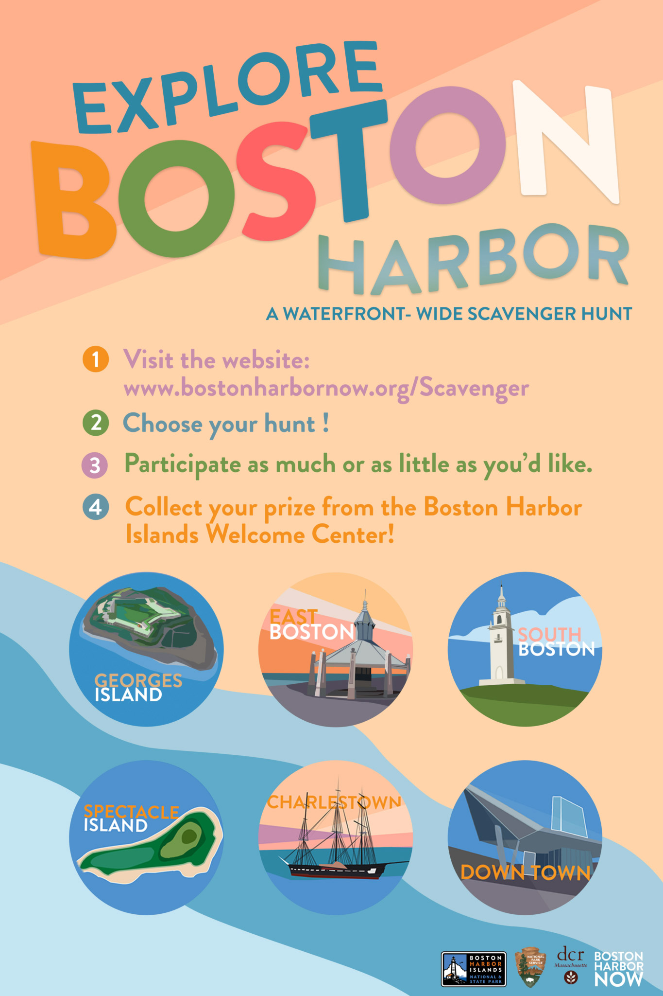 Flier for “Explore Boston Harbor: a waterfront-wide scavenger hunt.” The text is rainbow pastel colors and there are circular graphic illustrations of each neighborhood, including Georges Island, East Boston, South Boston, Spectacle Island, Charlestown, Down Town. Instructions read “1_ visit the website www.bostonharbornow.org/Scavenger 2) choose your hunt! 3) Participate as much or as little as you’d like. 4) Collect your prize from the Boston Harbor Islands Welcome Center!”