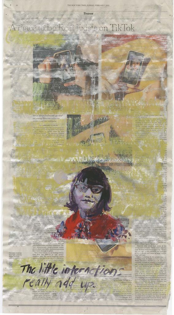 One of Dana Clancy’s painted pages of the New York Times, featuring a painted portrait of a women with glasses and shoulder length hair on a yellow background. The text painted below reads “The little interactions really add up.”