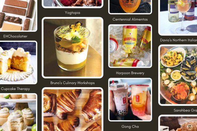 Composite images of foods sold by different BU alumni-owned food businesses. In the first column, EHChocolatier, Cupcake Therapy are seen with photos of chocolate, cake, and cupcakes. In the next center column, Yogtopia, Bruno’s Culinary Workshops, and photos of a yogurt parfait and croissants are seen. In the right center column, Centennial Alimentos, Harpoon Brewery and Gong Cha, featuring photos of Harpoon beer cans, and bubble tea. Finally, the righthand column is slightly cut off and includes Davio’s Northern Italian and Sarahbea, and photos of a seafood platter.