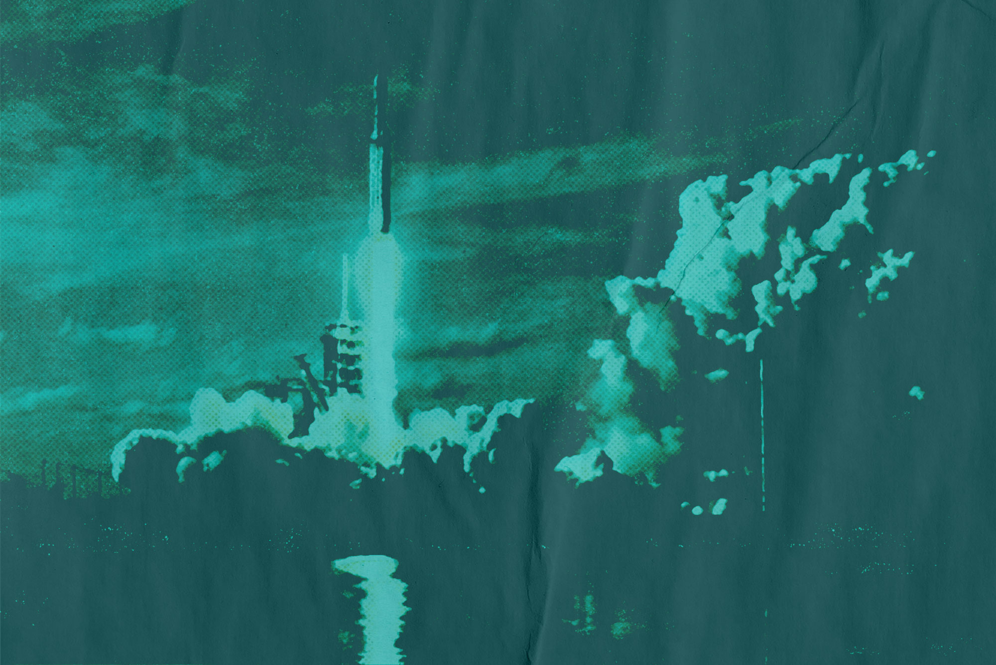 Photo of a rocket taking off with plumes of smoke underneath. The illustration has a blue overlay and a print effects treatment.