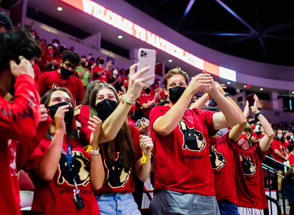 Members of the Boston University Class of 2025 react during the Matriculation ceremony at Agganis Arena.