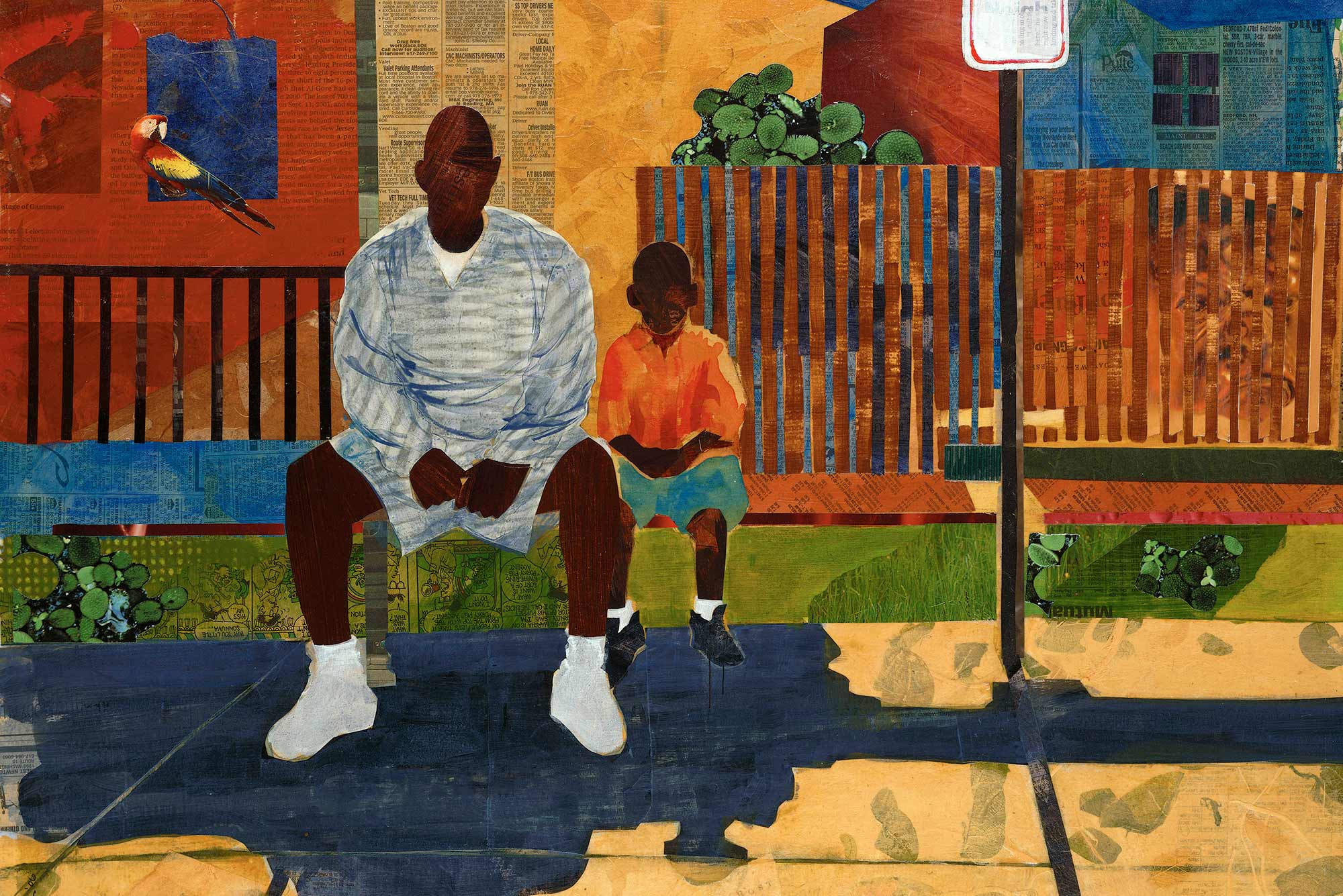 Photo of artwork entitled “Matter of Time,” depicting a boy and his father sitting on a bench on the sidewalk. It is made from both paint and collage. The figures are gestalts and are faceless.