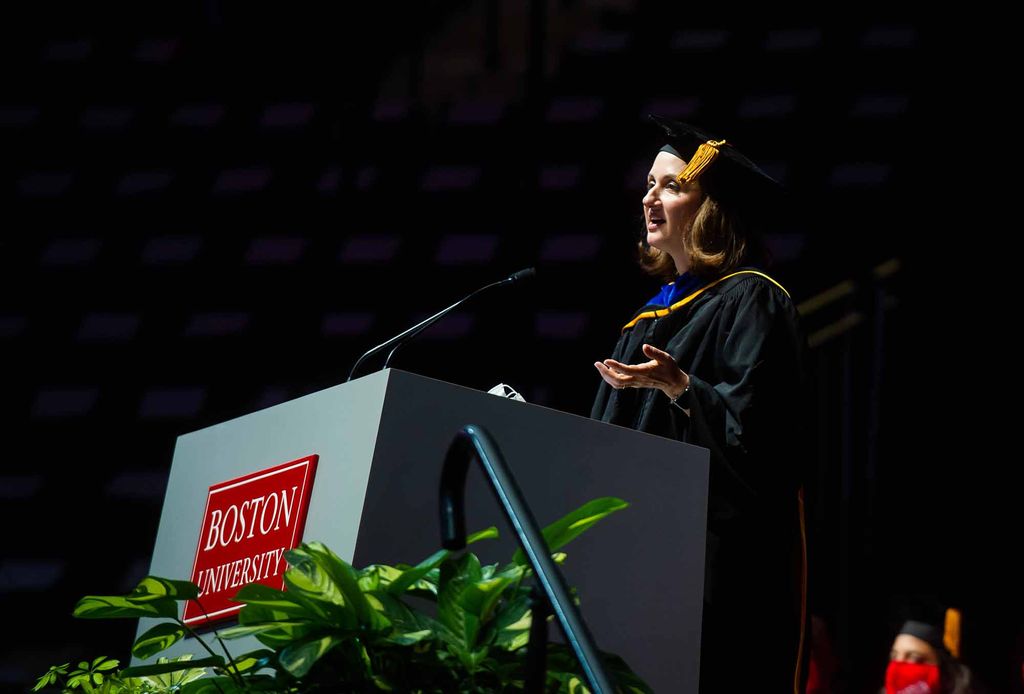 Catherine Klapperich addresses the Class of 2025 during the Boston University Matriculation ceremony.