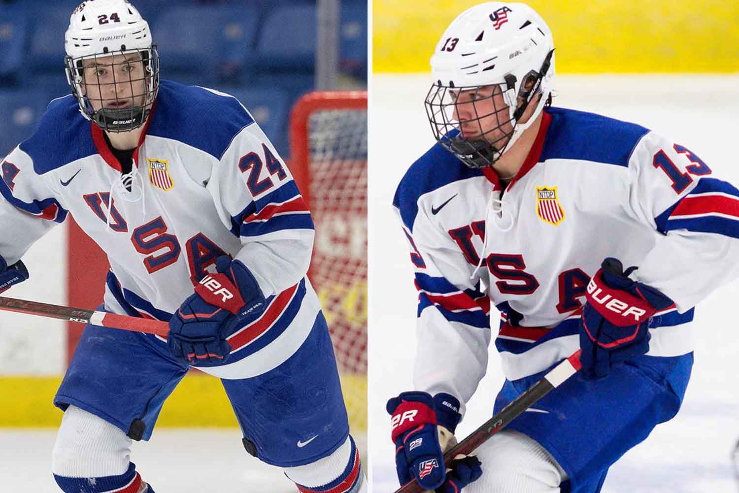 Composite image of Ty Gallagher and Tyler Boucher. Both wear blue and white hockey jerseys and are seen in the full gear.