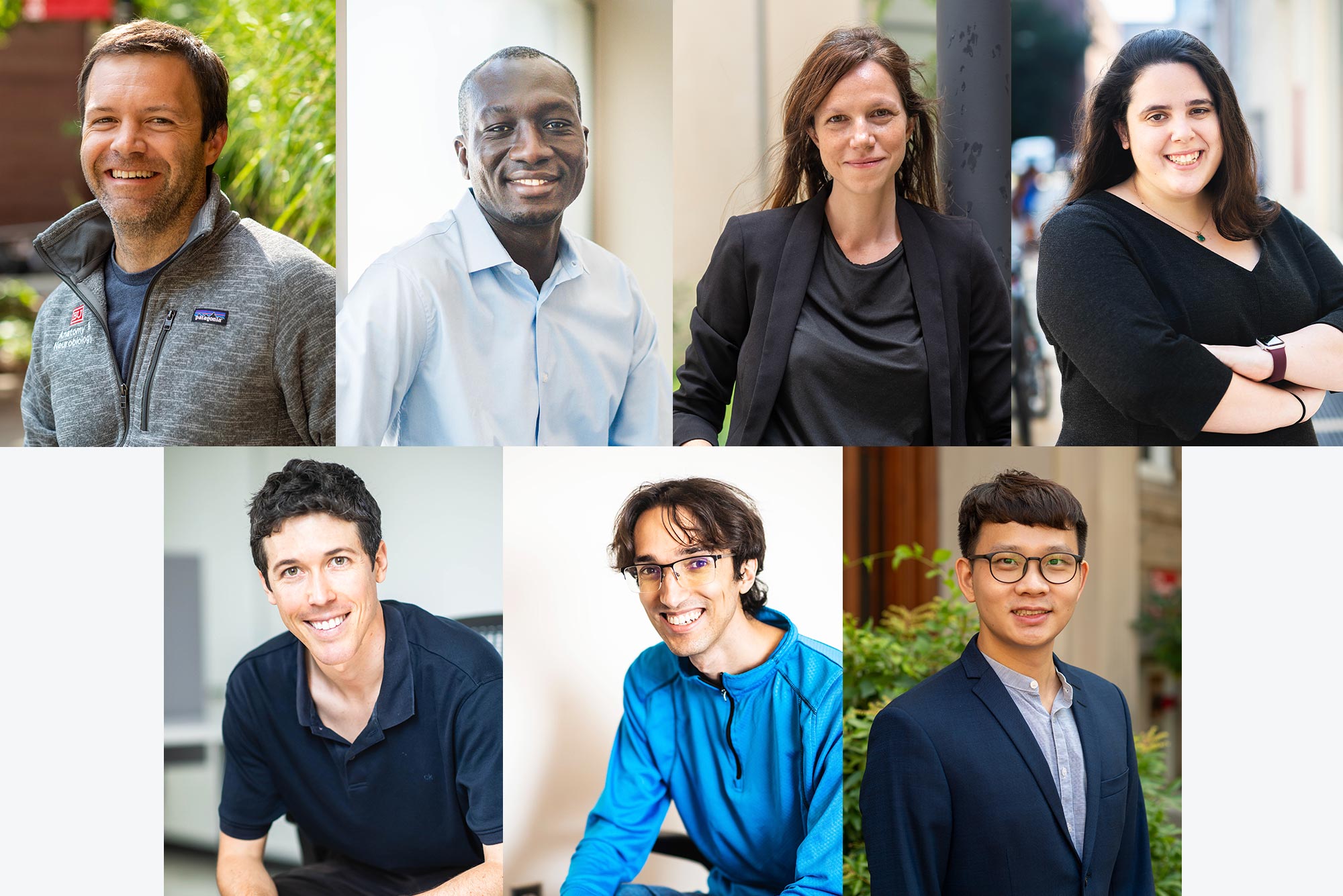 Composite image of BU’s new Career Development Professors, from left to right, top to bottom: Michael Wallace, Abdoulaye Ndao, Ana Fiszbein, Kira Goldner, Eshed Ohn-Bar, Ashok Cutkosky, and Chris Chao Su.