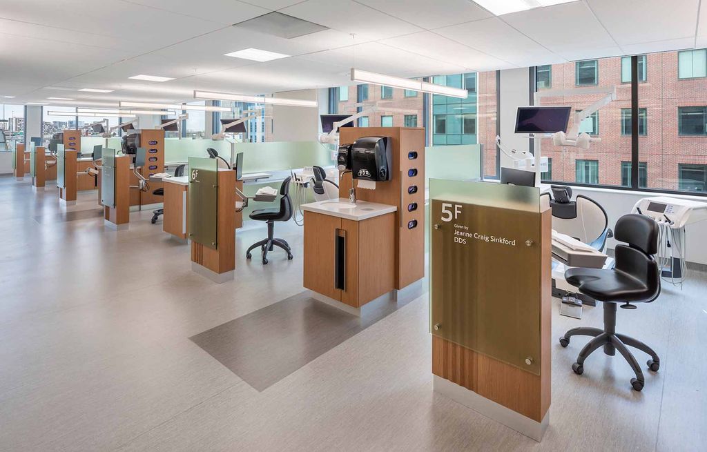 View of empty patient treatment stations at the Dentsply Serona Patient Treatment Center, Boston University Goldman School of Dental Medicine.