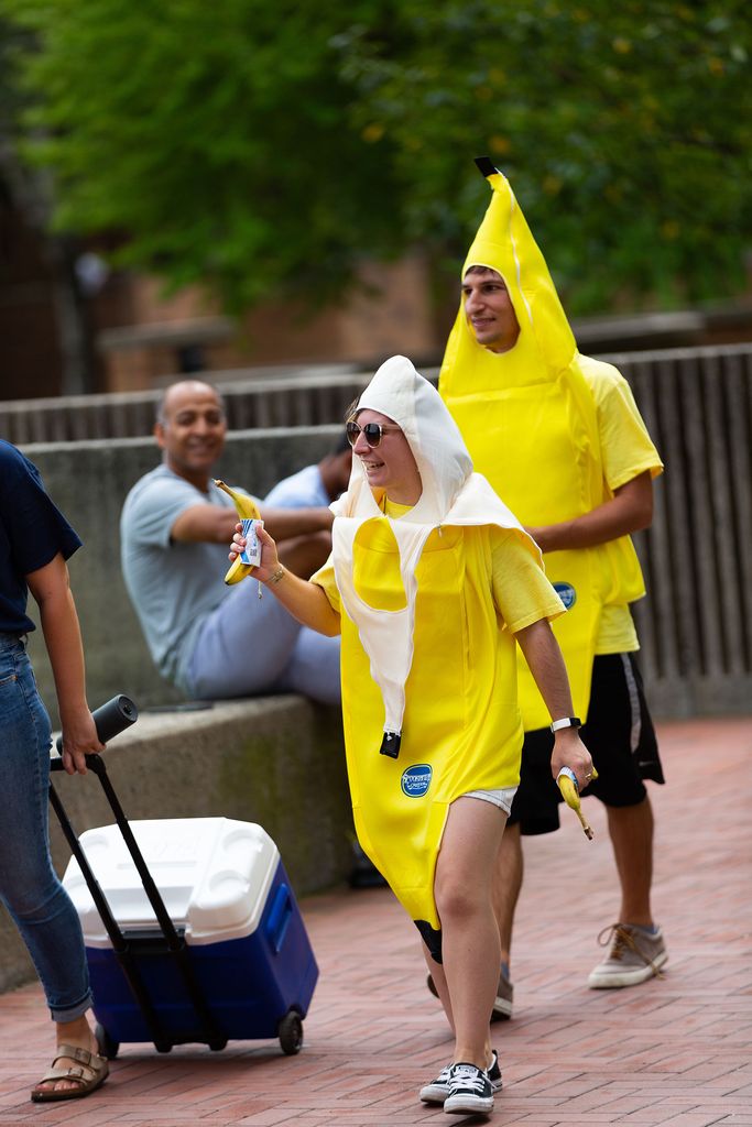 Two Boston University students dressed in banana suits move-in to residence halls on campus on Wednesday, August 28, 2021.