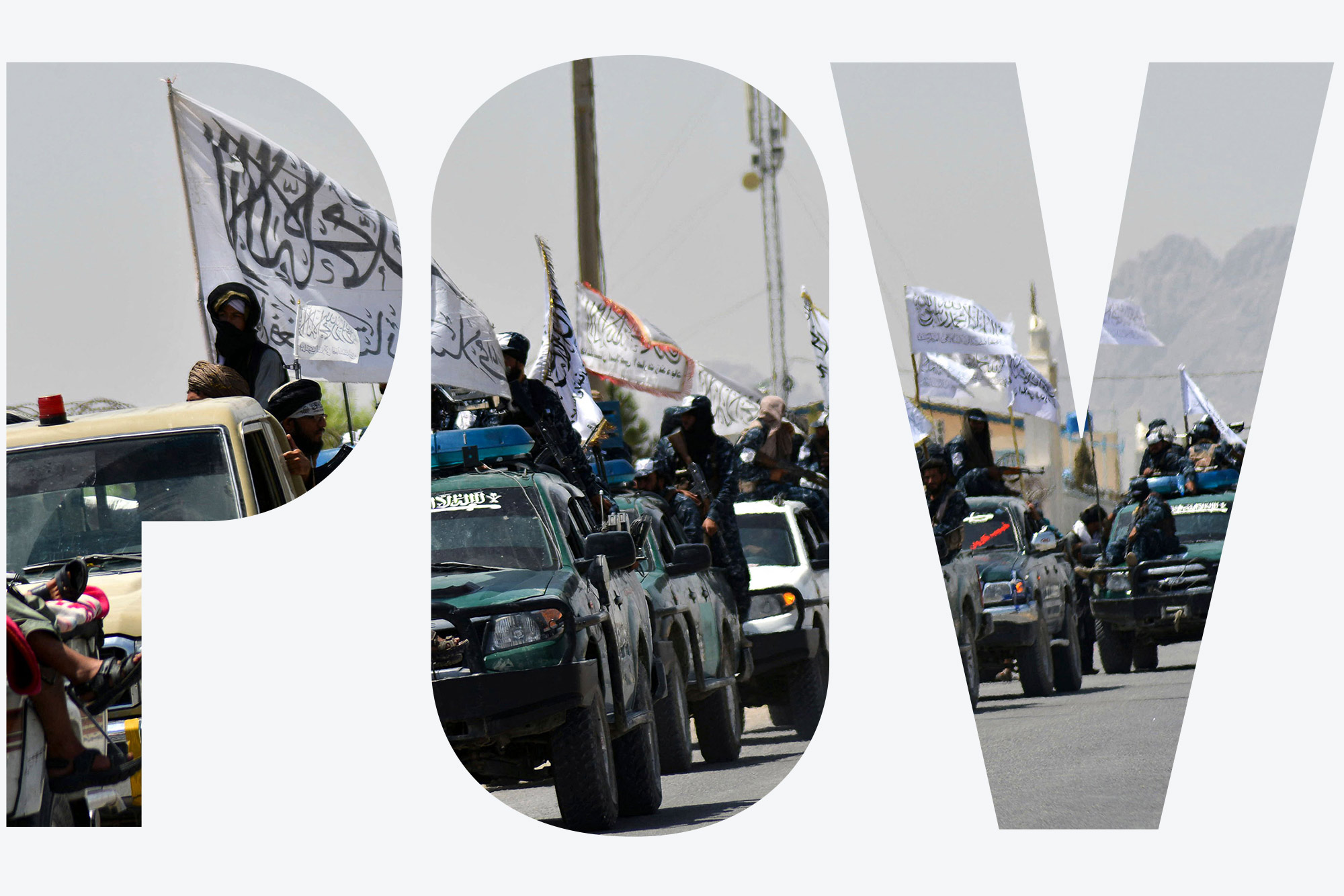 Photo of Taliban fighters atop vehicles with white Taliban flags with black characters, parading along a road to celebrate after the US pulled all its troops out of Afghanistan, in Kandahar on September 1, 2021 following the Talibans military takeover of the country. The cars are mostly dark colored trucks and the fighters all appear to be men. Overlay reads "POV"