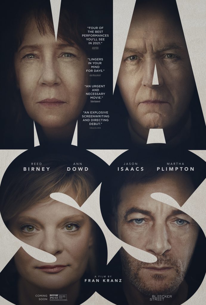The poster for the film featuring stars Reed Birney (upper right) and costars Ann Dowd (upper left), Martha Plimpton (bottom left), and Jason Issacs (bottom right). Faces are seen through film title overlay, Mass.