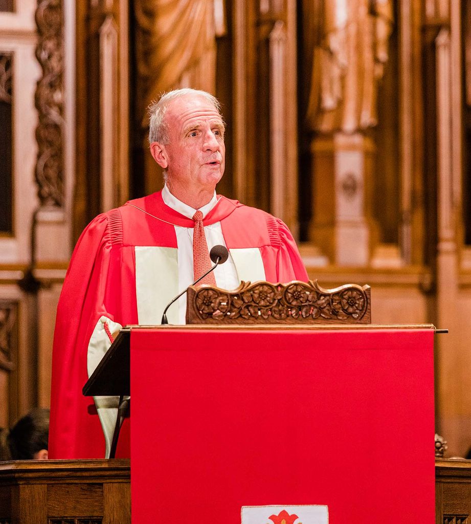 Photo of the Reverend Dr. Robert Allan Hill, Dean of Marsh Chapel, speaking at the 2020 Boston University Baccalaureate Ceremony at Marsh Chapel on October 3, 2021.