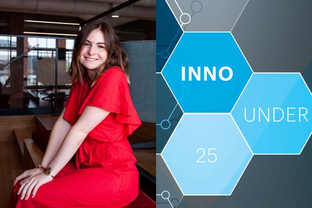 Composite image. At left, photo of Fiona Whittington wearing a red dress and sitting her hands in her lap. At right, the logo for Inno's 25 under 25, which is blue and gray hexagons with white text overlaid.