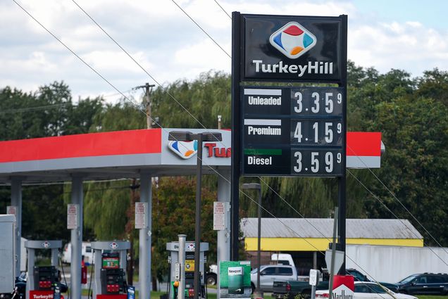 Photo of gas prices in Gibraltar, PA on September 20, 2021. The gasoline price sign and fuel pumps for the Turkey Hill gas station on route 724 in Gibraltar, PA are as follows: $3.35 for unleaded, $4.15 for premium, and $3.59 for diesel. Cars are seen filling up in the background.