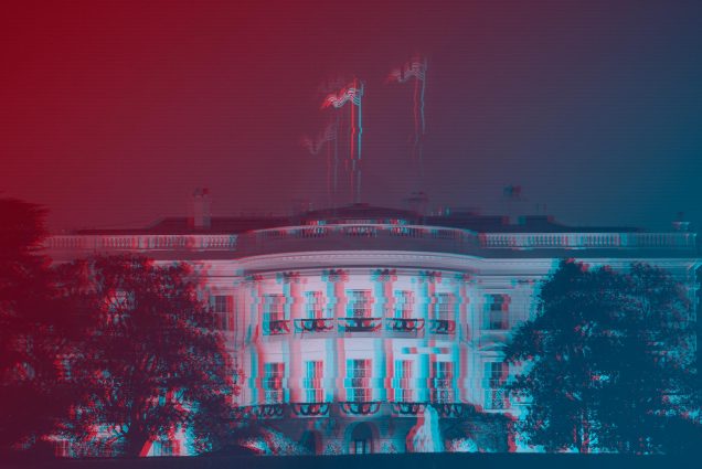An image of the front of the Whitehouse with glitchy effects that distort the photo. An overlay of red and blue is also seen.
