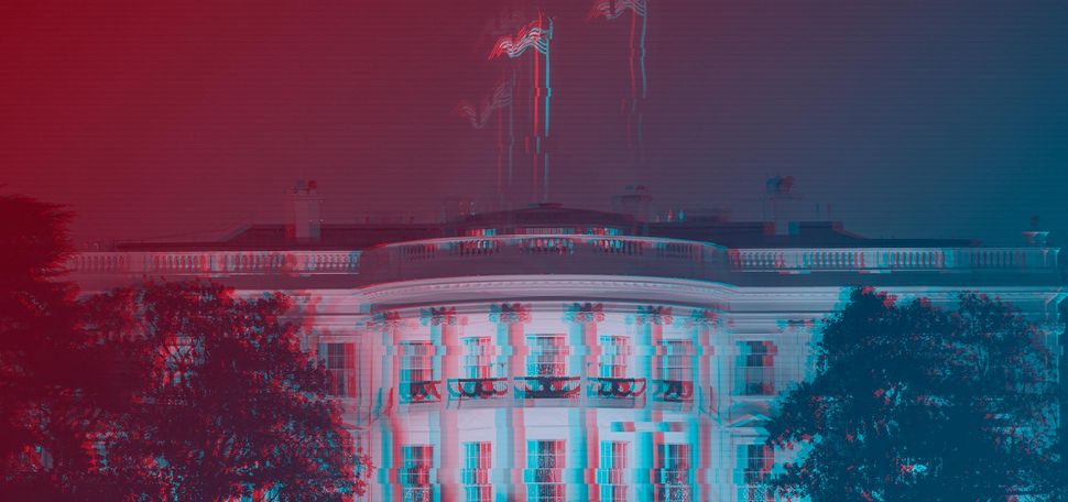 An image of the front of the Whitehouse with glitchy effects that distort the photo. An overlay of red and blue is also seen.