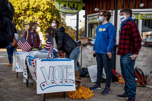 photo of University of Pittsburgh students with Biden/Harris signs and stickers on the University of Pittsburgh campus