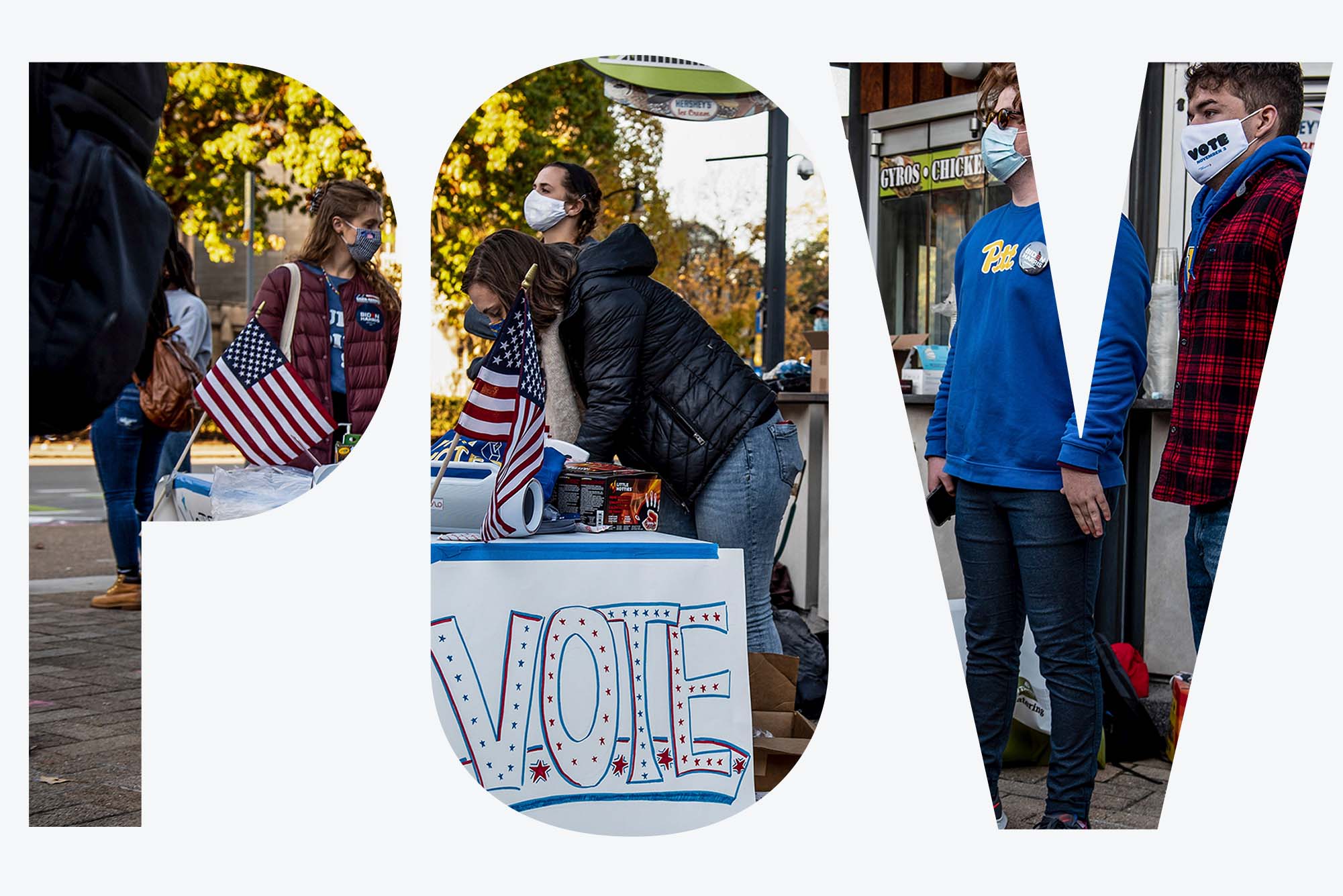 photo of University of Pittsburgh students with Biden/Harris signs and stickers on the University of Pittsburgh campus. Entire photo seen through the overlay letters "POV"