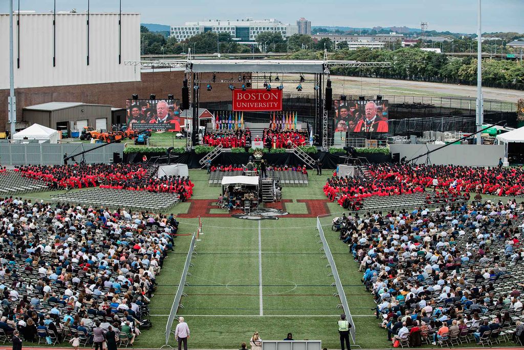 Wide, elevated view of the stage and field at Boston University's 147th Commencement for the BU Class of 2020.