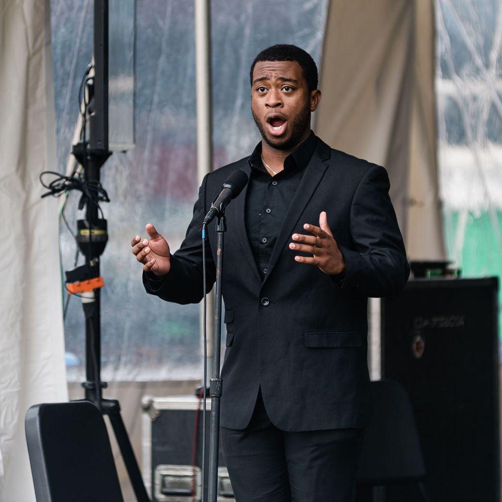 A singer performs during Boston University's 147th Commencement.