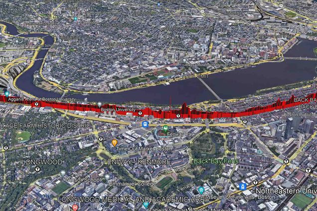 Overhead image generated using Google Earth of the gas leaks along Comm Ave; as seen is the Charles River and Cambridgeport. The gas leaks are visualized as red lines emerging from Comm Ave; the whole street appears to have gas leaks.