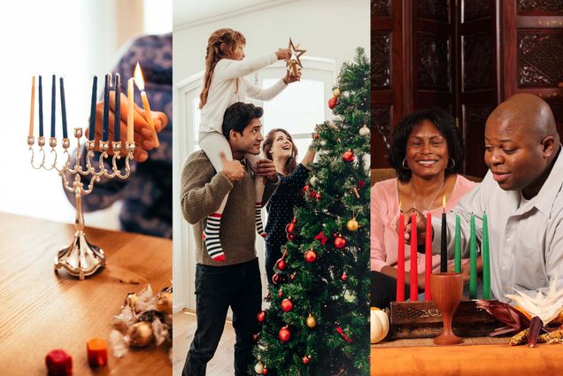 a composite image shows 3 different scenes, on the left a menorah being lit, in the middle a dad carrying his daughter on his shoulders to top the christmas tree, and on the right a couple lighting the candles for Kwanza