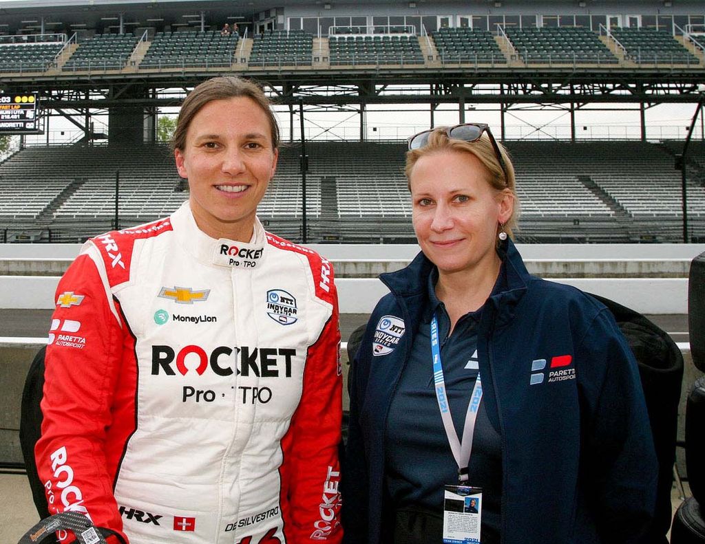 Paretta Autosport founder and CEO Beth Paretta and Paretta Autosport Rocket driver Simona De Silvestro pose for photo.
