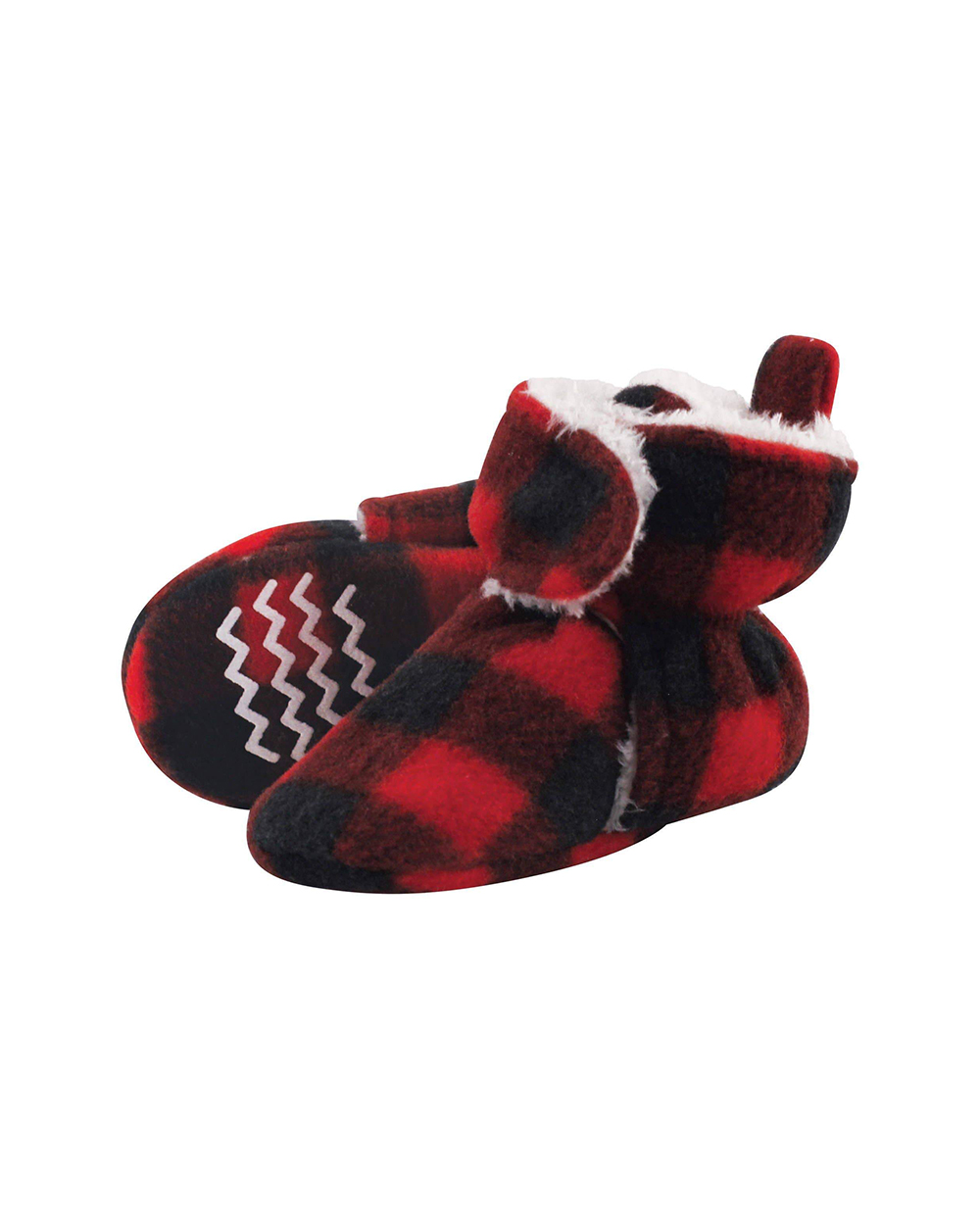 a pair of plaid baby boots on a white background