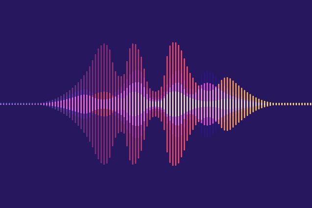 image of an abstract, yellow and red motion sound wave on a dark purple background.