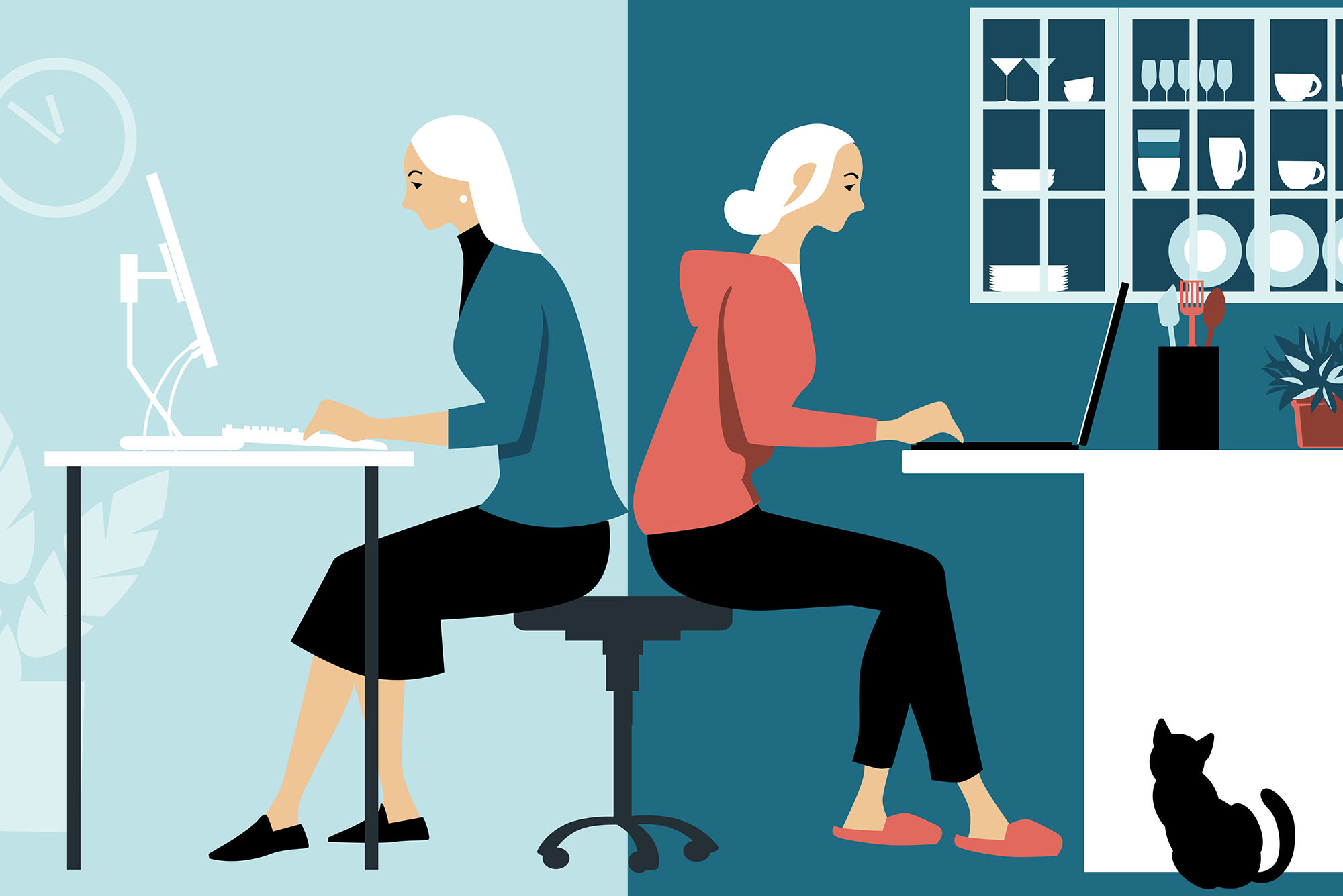 two animated women sit at desks back to back, with one side of the graphic a light grey and the other side a darker grey/blue.