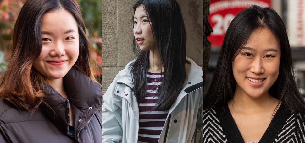 photo collage of three international Chinese students. From left to right: Kristi Li, Shilu Wang, and Yuli Wen. Shots are all taken outside on the Bu campus.