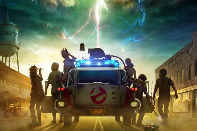 Image of the Ghostbusters: Afterlife Poster. Poster features a drawing of the backs of 6 people coming of a Ghostbusters car as a neon strike of green and yellow lightening lights the sky and hits the ground.
