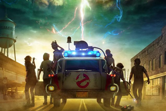 Image of the Ghostbusters: Afterlife Poster. Poster features a drawing of the backs of 6 people coming of a Ghostbusters car as a neon strike of green and yellow lightening lights the sky and hits the ground.