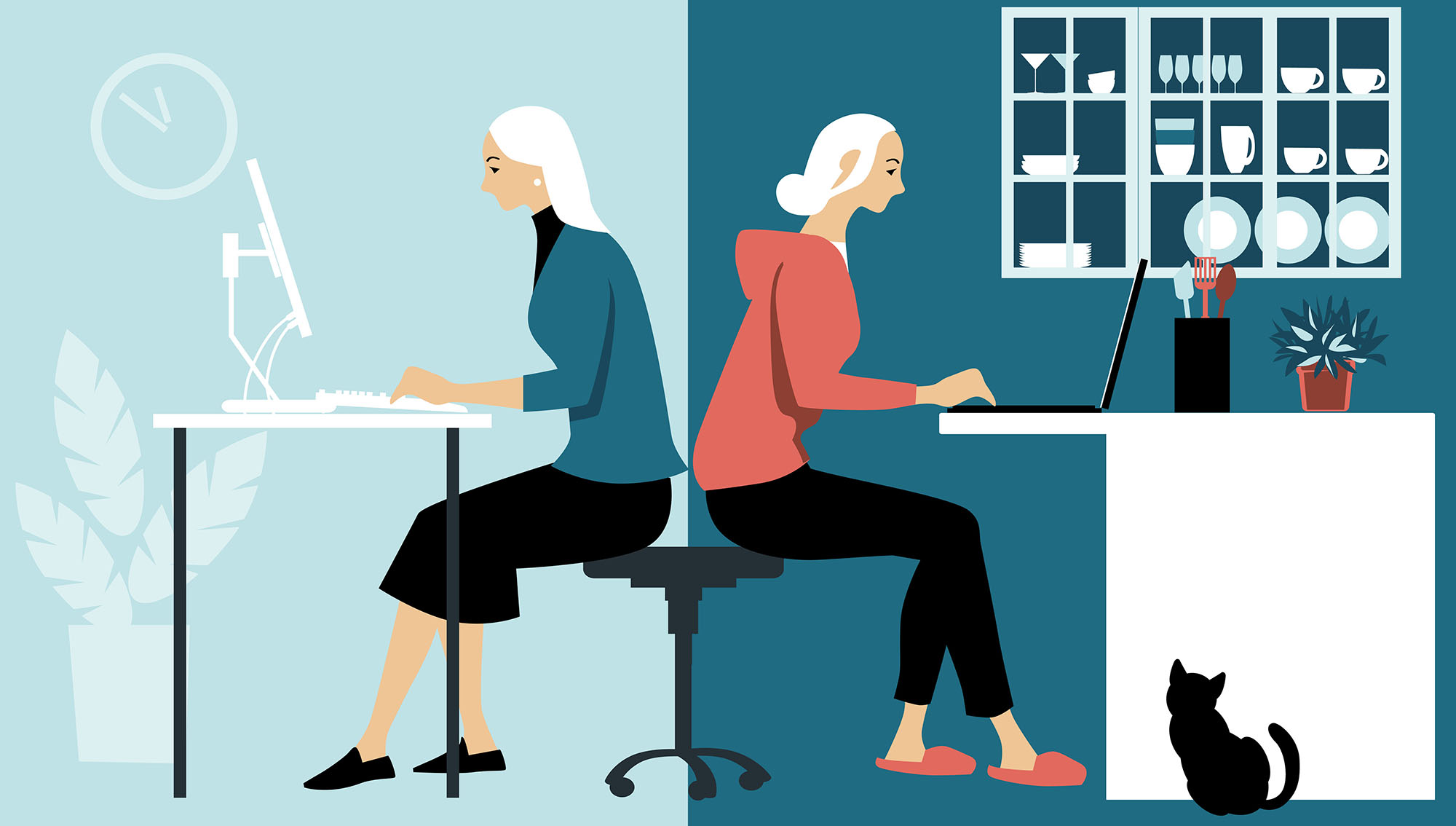 two animated women sit at desks back to back, with one side of the graphic a light grey and the other side a darker grey/blue.