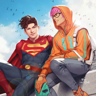 image of superman sitting next to his boyfriend from the newest issue of the comic. They sit on the ledge of a rooftop as lightly cloudy blue skies serve as a background.