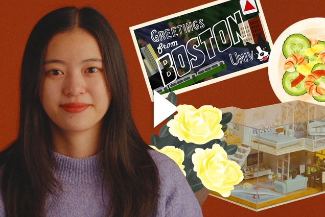 photo of Chinese international student Cecilia Kwok. Her smiling headshot is seen on a burnt orange background. On her right are illustrations of a postcard that reads "Greetings form Boston", yellow flowers, and the interior of a home. A white, triangle play button overlays image.