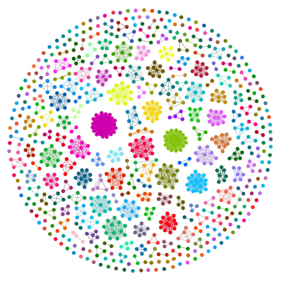 A logo of a sphere comprised of many different dots of different colors.