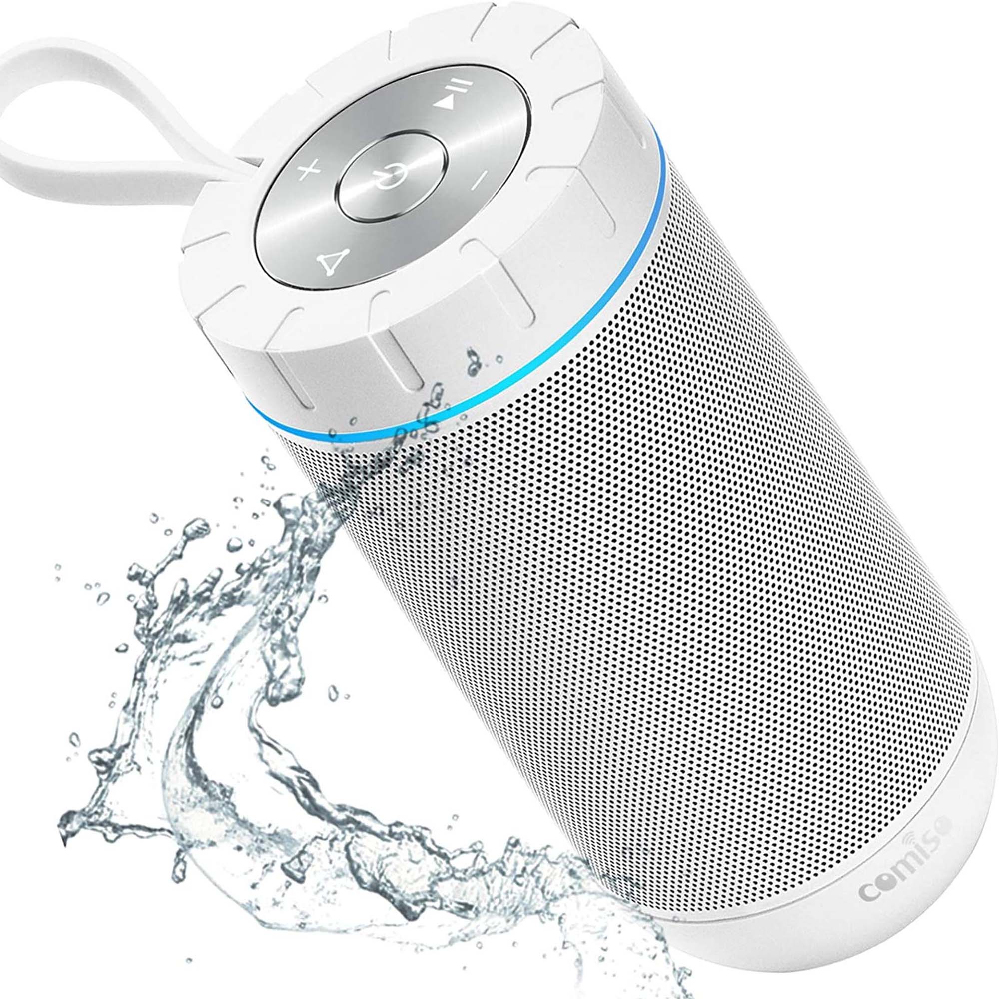 A waterproof bluetooth speaker on a white background with water splashing over it