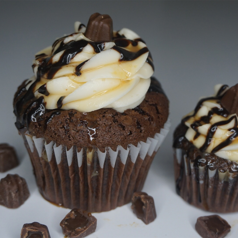 Two chocolate cupcakes with frosting side by side topped with chopped pieces of chocolate