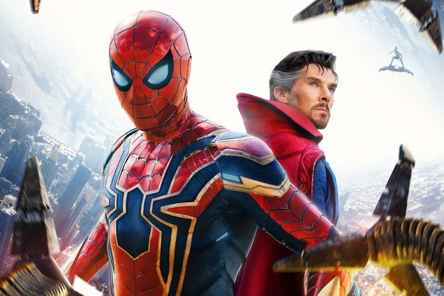 Spider-man stands back to back with Dr Strange in front of an urban cityscape