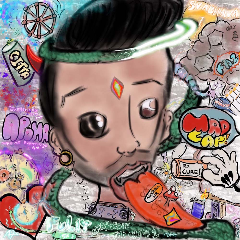 A digital graffiti mural, created with tools like Photoshop and Procreate, by Ananth Das (CAS’22). The image features a large head with its tongue stuck out, a speech bubble that says "MAD CAP" and other graffiti in the background.