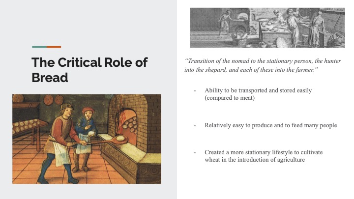 Slide from Janeff's presentation on bread. The slide is titled: "The Critical Role of Bread" and shows a medieval painting of two people baking bread at left, and top right, an engraving of bakers. Underneath, it reads:      “Transition of the nomad to the stationary person, the hunter into the shepard, and each of these into the farmer.” - Ability to be transported and stored easily (compared to meat) - Relatively easy to produce and to feed many people - Created a more stationary lifestyle to cultivate wheat in the introduction of agriculture